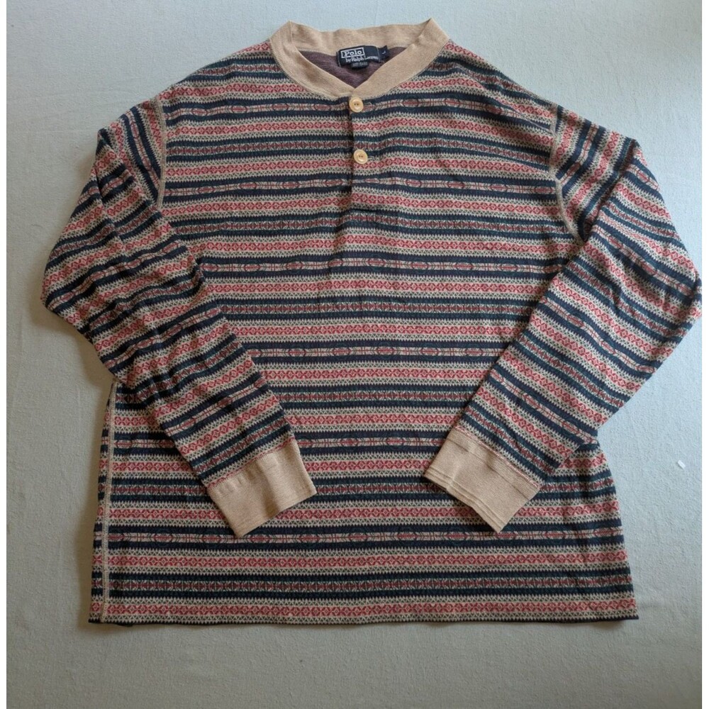 Vintage 90s Polo Ralph Lauren Fair Isle Aztec Henley Shirt L Made in USA Cotton